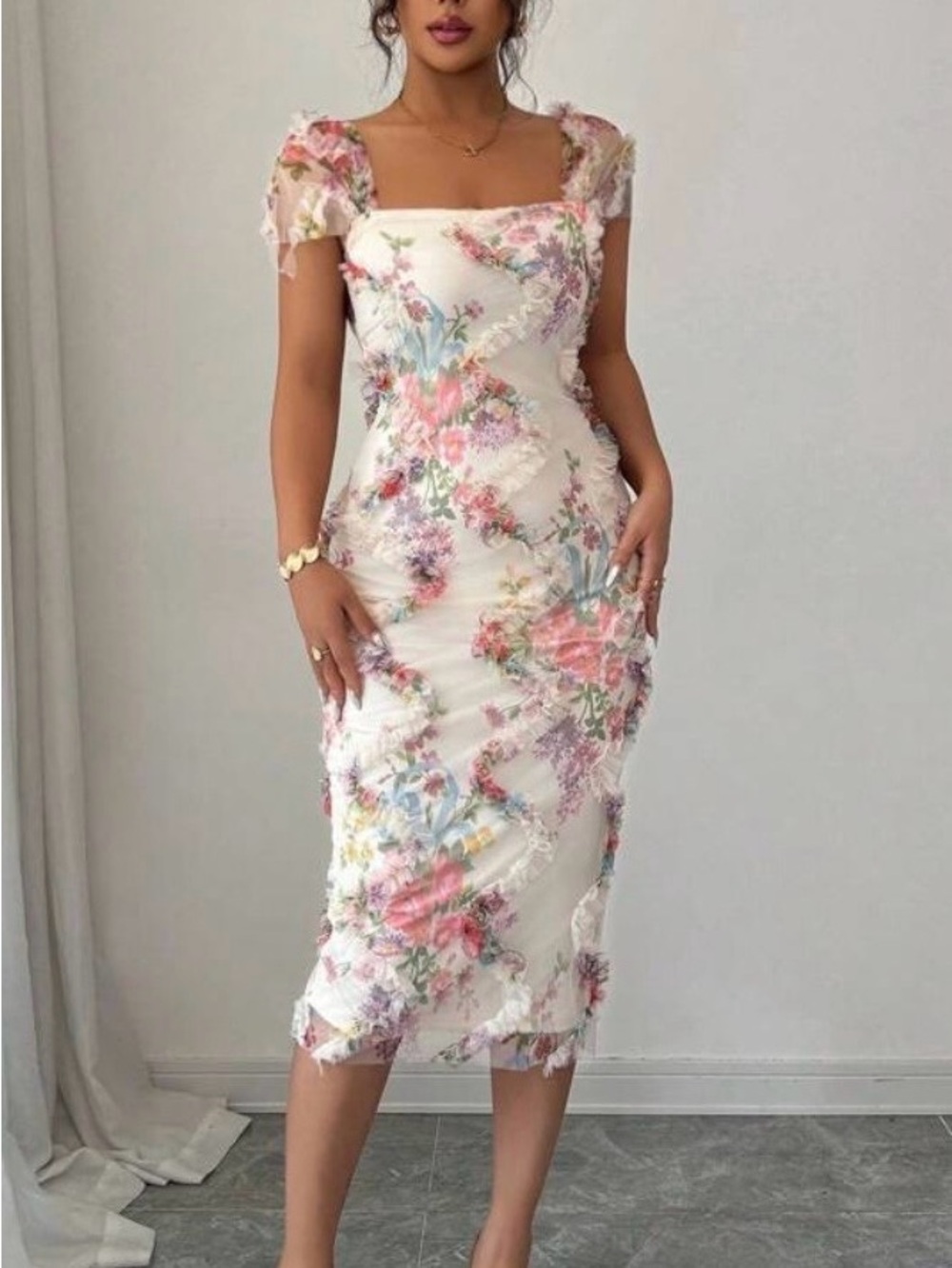 SHEIN Apricot Midi Dress with Pink & Blue Floral Print - Picture 1 of 8